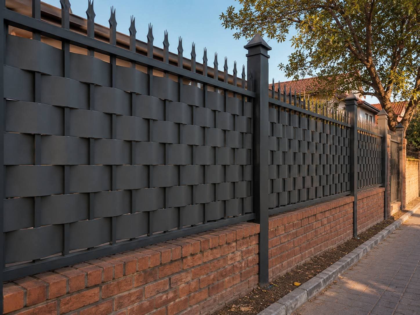 Galvanised steel palisade fence woven with charcoal steel strips by Weaving SA